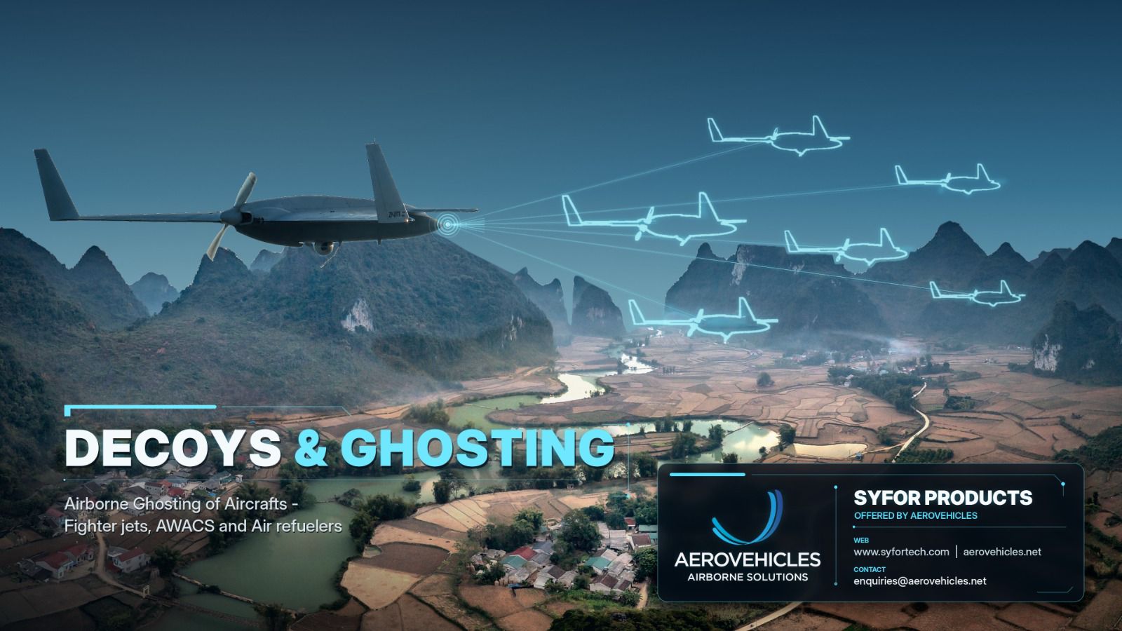 Airborne decoy aircraft projecting multiple ghosted aircraft tracks over mountainous terrain