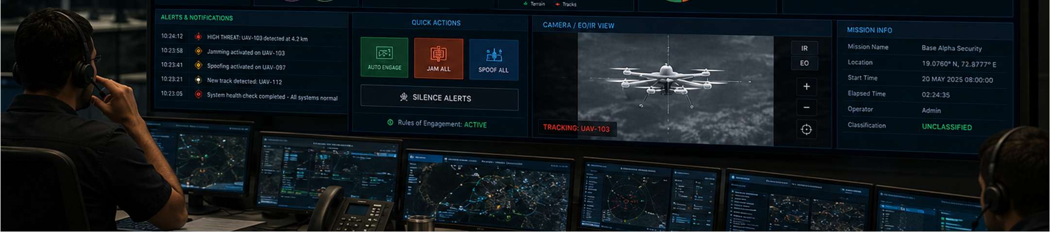 Operators monitoring a counter-UAS command and control console