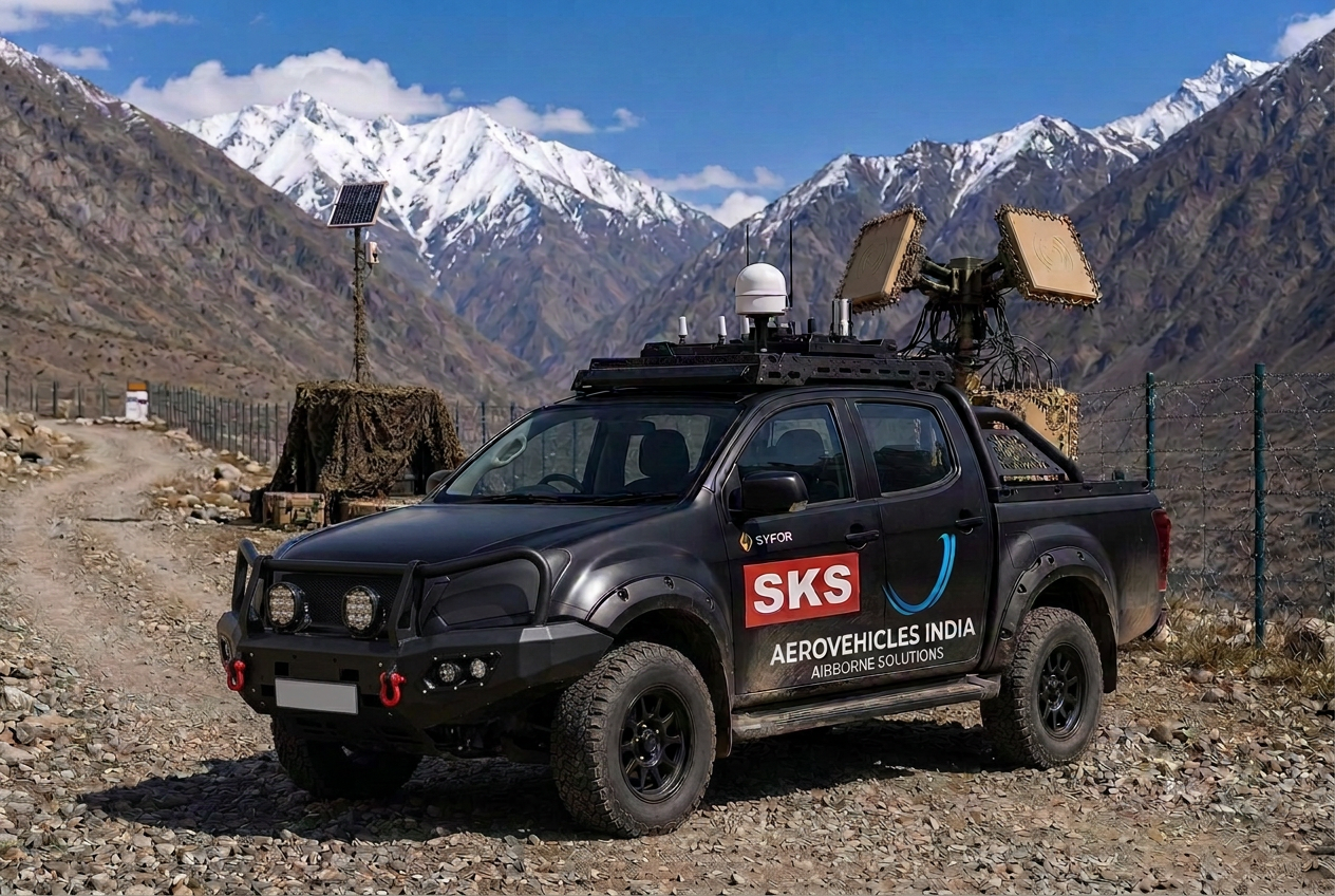 Black 4x4 AUDS soft kill system on a mountain border track with vehicle-mounted RF sensor and jammer array