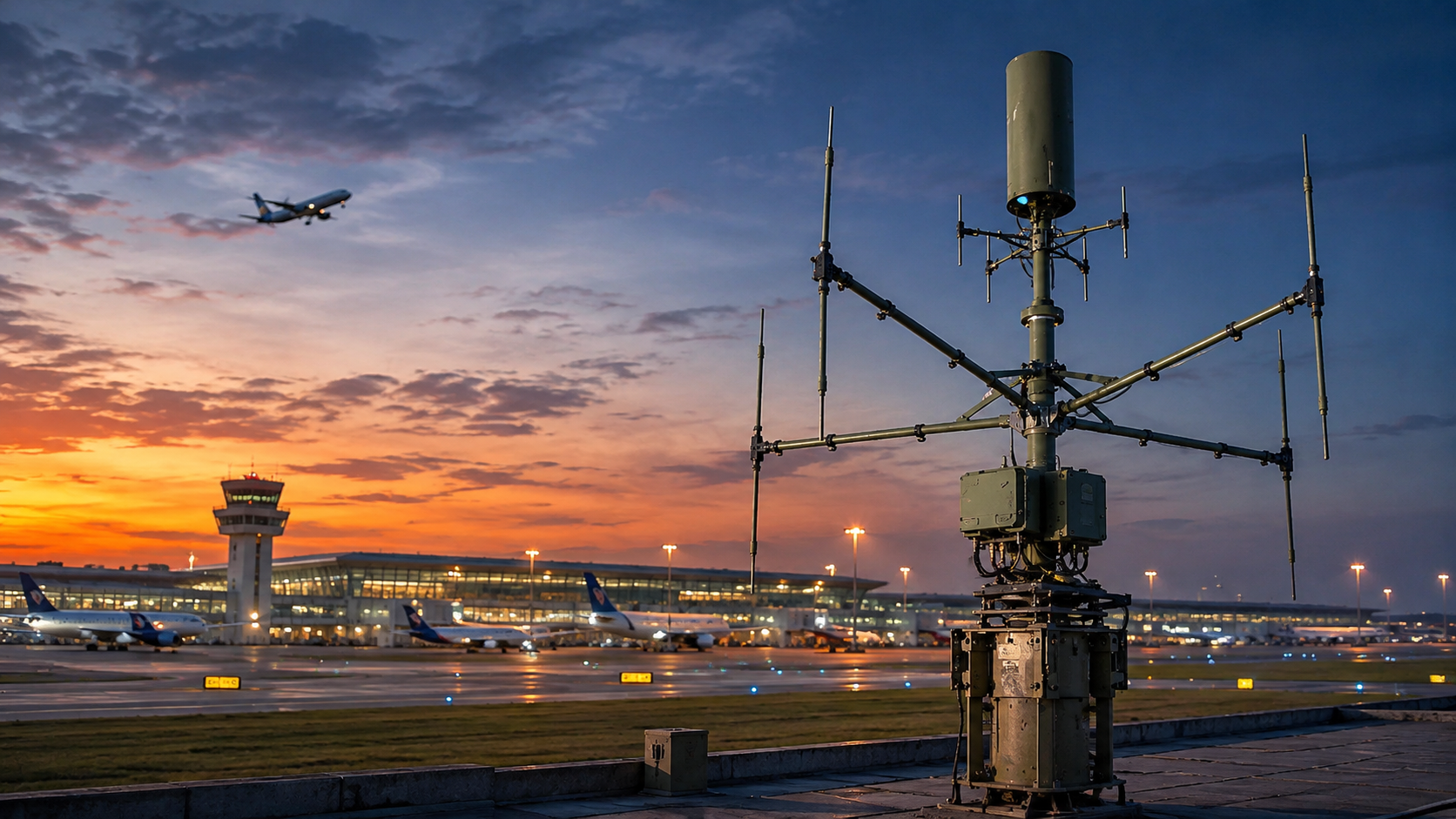 Wideband RF direction-finding antenna mast array at dusk