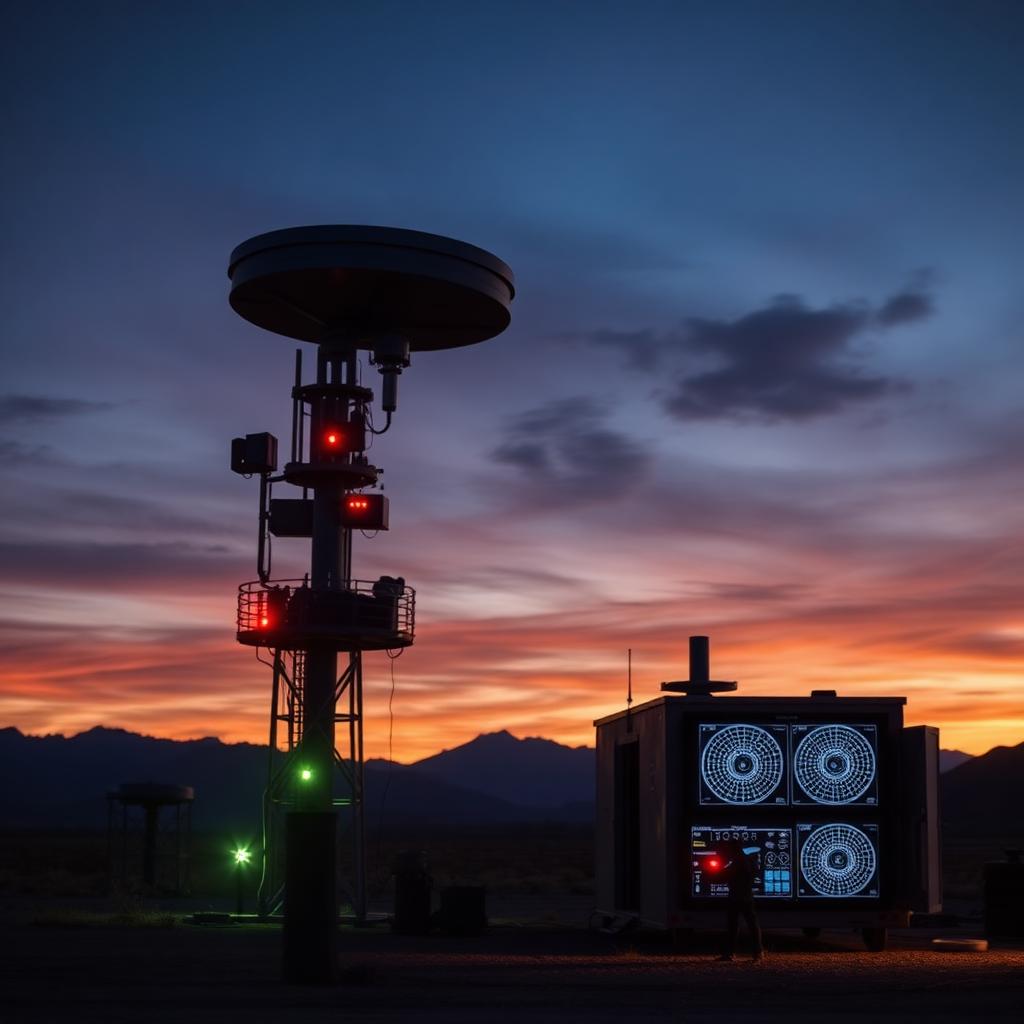 Radar evaluation test range at dusk with a rotating surveillance antenna and displays showing virtual aircraft tracks