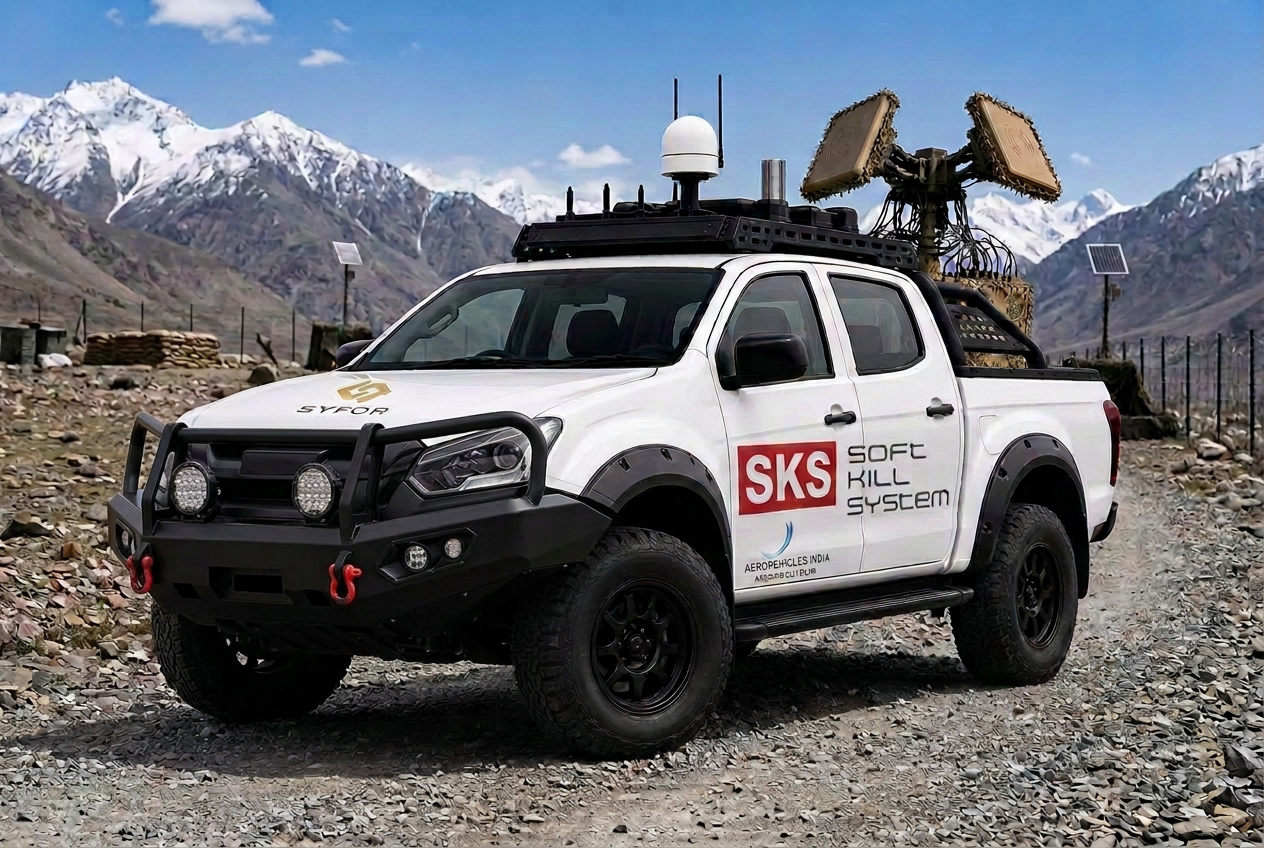 White 4x4 AUDS soft kill system deployed at a high-altitude border post with bed-mounted RF direction-finding array