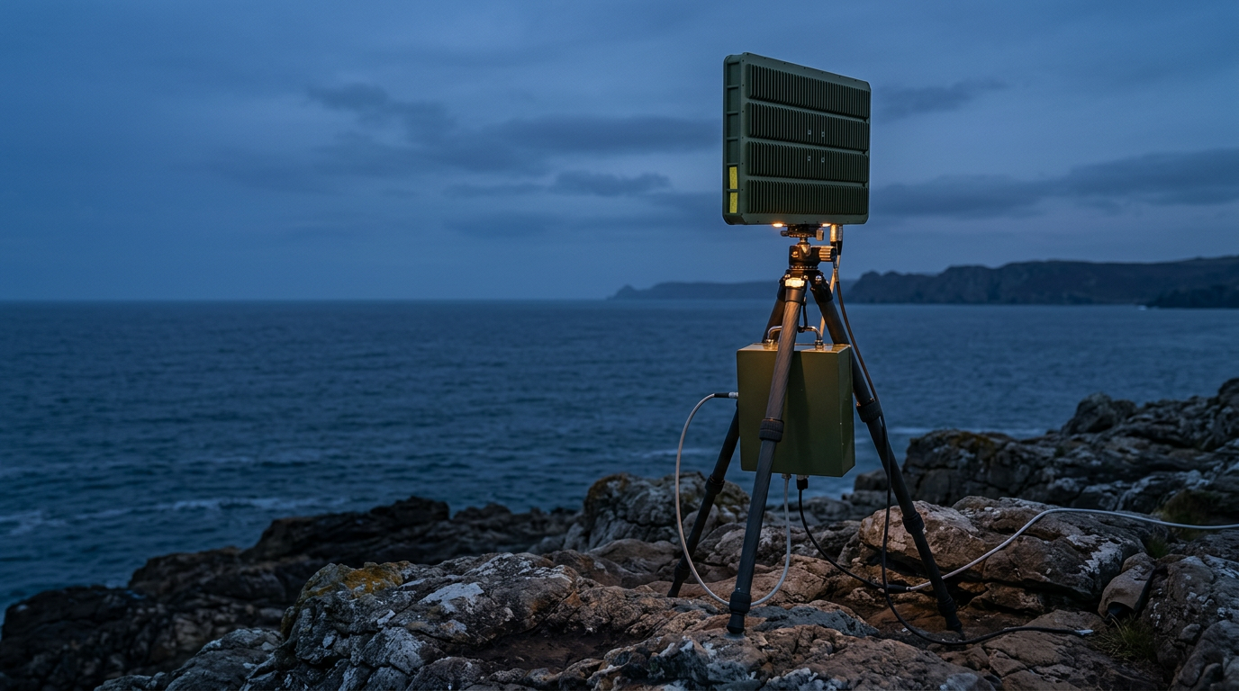 Coastal surveillance radar on a rocky seashore headland at dusk
