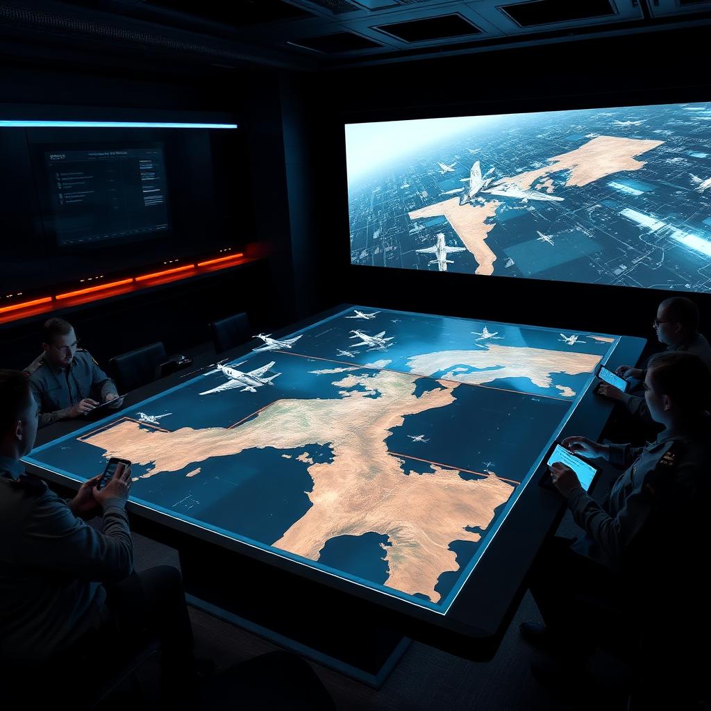 Command officers using a holographic mission planning table with 3D virtual aircraft formations over terrain