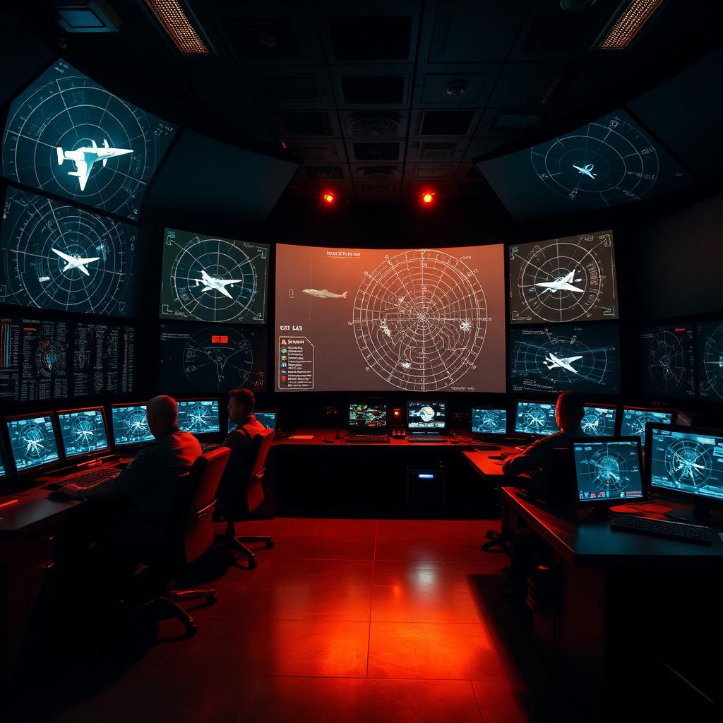 Military operators in an electronic warfare training centre monitoring radar displays with virtual aircraft tracks