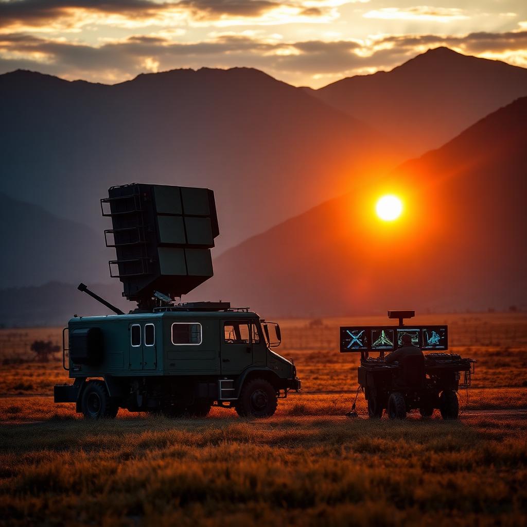 Mobile air defence battery during an exercise with radar displays showing virtual ghost aircraft tracks