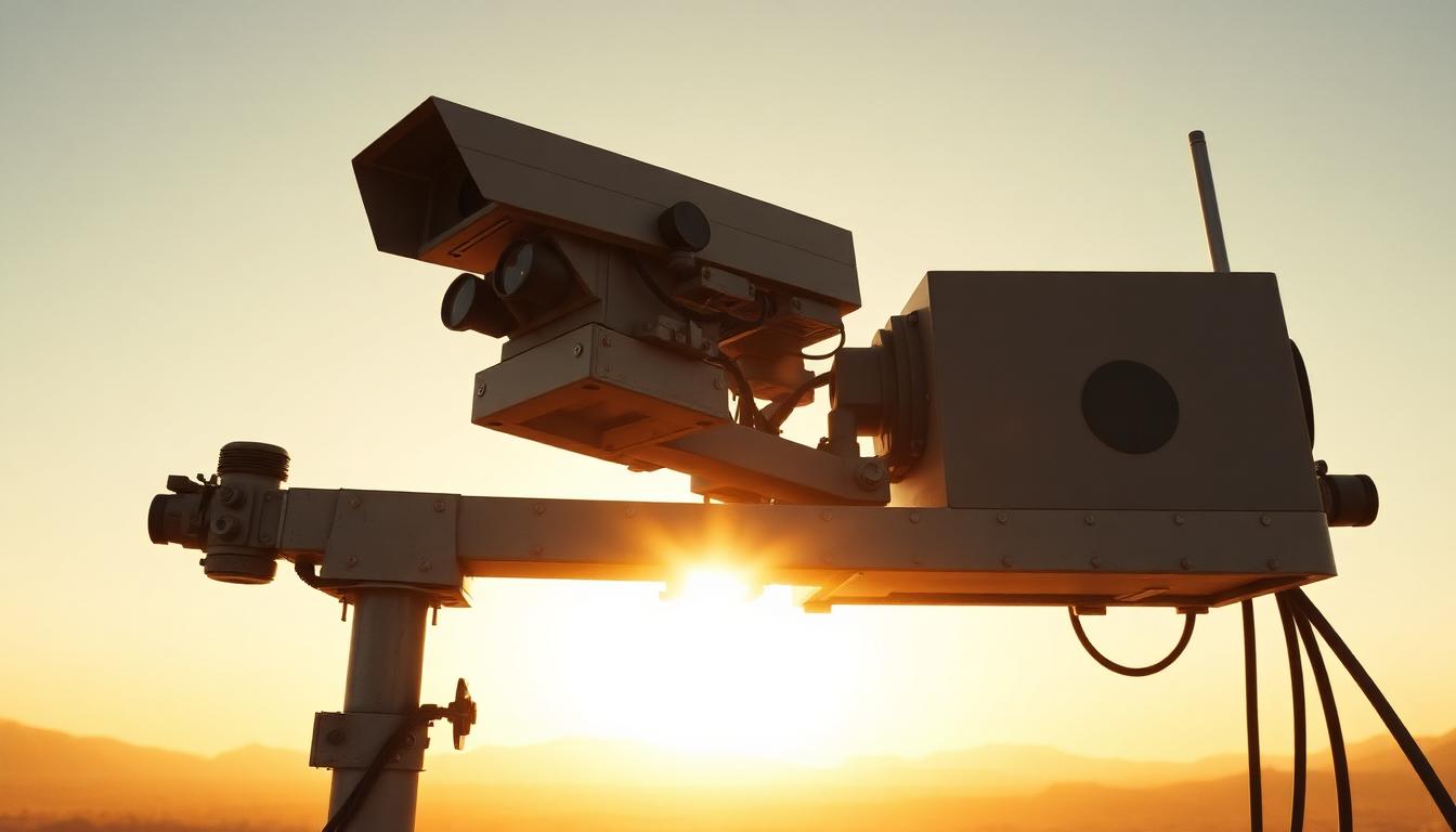 Mast-mounted EO/IR sensor at sunrise