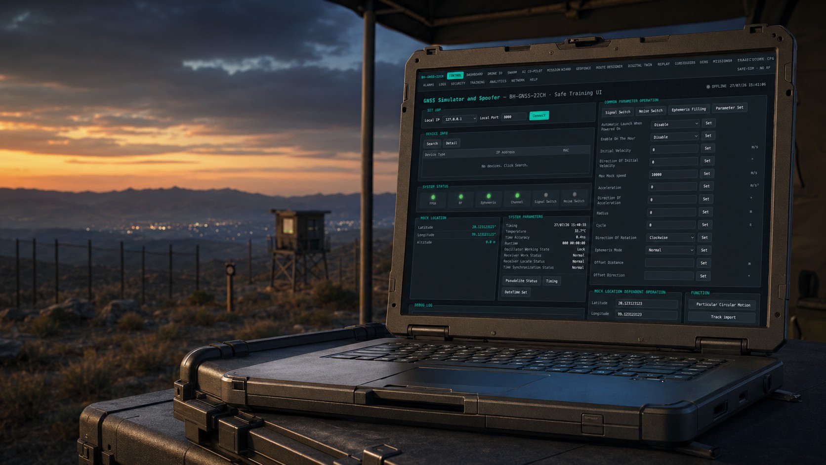 Laptop screen displaying the GNSS jammer and spoofer interface with system parameters and status indicators